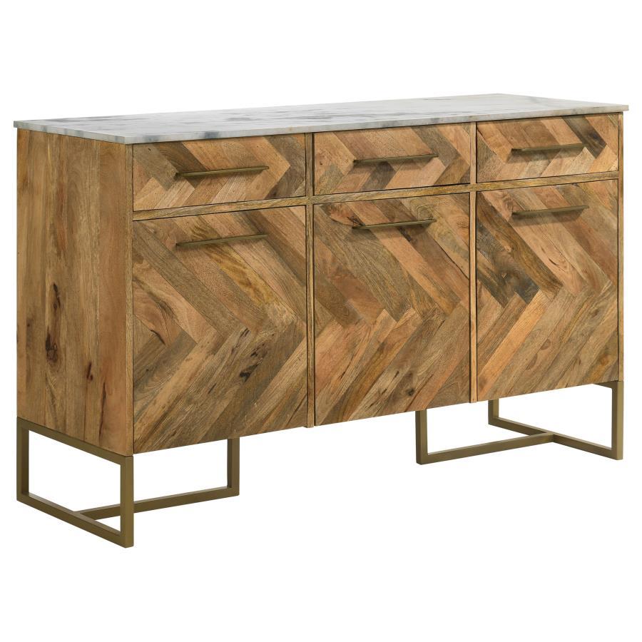 Elevate your space with this striking accent cabinet, blending natural wood tones with modern sophistication. Crafted from eco-friendly solid mango wood, the cabinet features a bold chevron pattern that adds depth and character. A sleek marble top offers 