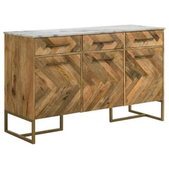 Elevate your space with this striking accent cabinet, blending natural wood tones with modern sophistication. Crafted from eco-friendly solid mango wood, the cabinet features a bold chevron pattern that adds depth and character. A sleek marble top offers 
