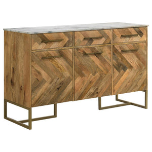 Elevate your space with this striking accent cabinet, blending natural wood tones with modern sophistication. Crafted from eco-friendly solid mango wood, the cabinet features a bold chevron pattern that adds depth and character. A sleek marble top offers 