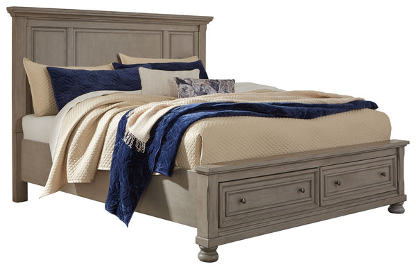 Satisfying your taste for tradition, this California king panel storage bed sports serene sophistication. Forever classic design details like inset panels, silvertone patina hardware and bun feet are so easy to love. A burnished light gray finish elevates