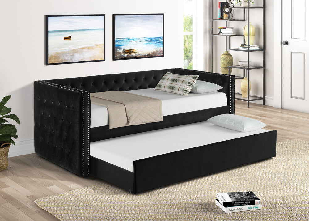 Trina-Daybed-Black<h4><b>Trina - Daybed Arm Slats - Black</b></h4> <table width="100%"><colgroup><col style="width: 30%"> <col style="width: 70%"> </colgroup> <tbody> <tr> <td>Dimensions</td> <td> 88.75"L x 43.50"D x 34.00"H</td> </tr> <tr> <td>Weight</td