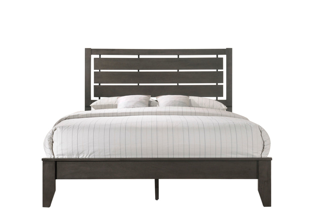 This bedroom collection boasts a robust and rustic charm with its rich gray finish, imparting a sense of warmth and character to the space. The centerpiece is a sturdy bed with a slatted headboard that combines both contemporary and traditional design ele