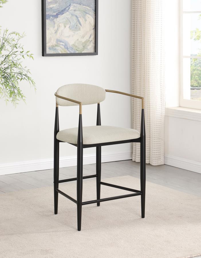 Charm is the watchword for a set of two modern counter height stools. Each embraces a light, airy ambiance with an open back and slim, rounded rest that provides ample support for everything from a leisurely meal to a quick bite. Its padded seat adds foam