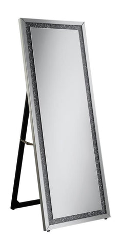 Glam up your bedroom or dressing area with this elegant standing mirror featuring a dazzling crystal-accented frame. The full-length beveled glass adds depth and clarity, while the silver-finished border enhances its modern glam appeal. With a built-in ea
