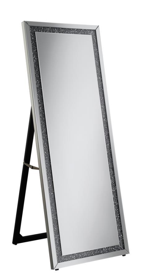 Glam up your bedroom or dressing area with this elegant standing mirror featuring a dazzling crystal-accented frame. The full-length beveled glass adds depth and clarity, while the silver-finished border enhances its modern glam appeal. With a built-in ea