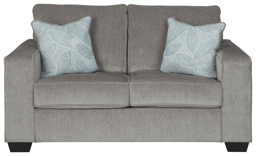 If style is the question, then this striking loveseat is the answer. Sporting clean lines and sleek track arms, the decidedly contemporary profile is enhanced with plump cushioning and a chenille-feel upholstery that-'s so pleasing to the touch. Sure to p