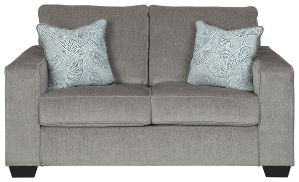 If style is the question, then this striking loveseat is the answer. Sporting clean lines and sleek track arms, the decidedly contemporary profile is enhanced with plump cushioning and a chenille-feel upholstery that-'s so pleasing to the touch. Sure to p