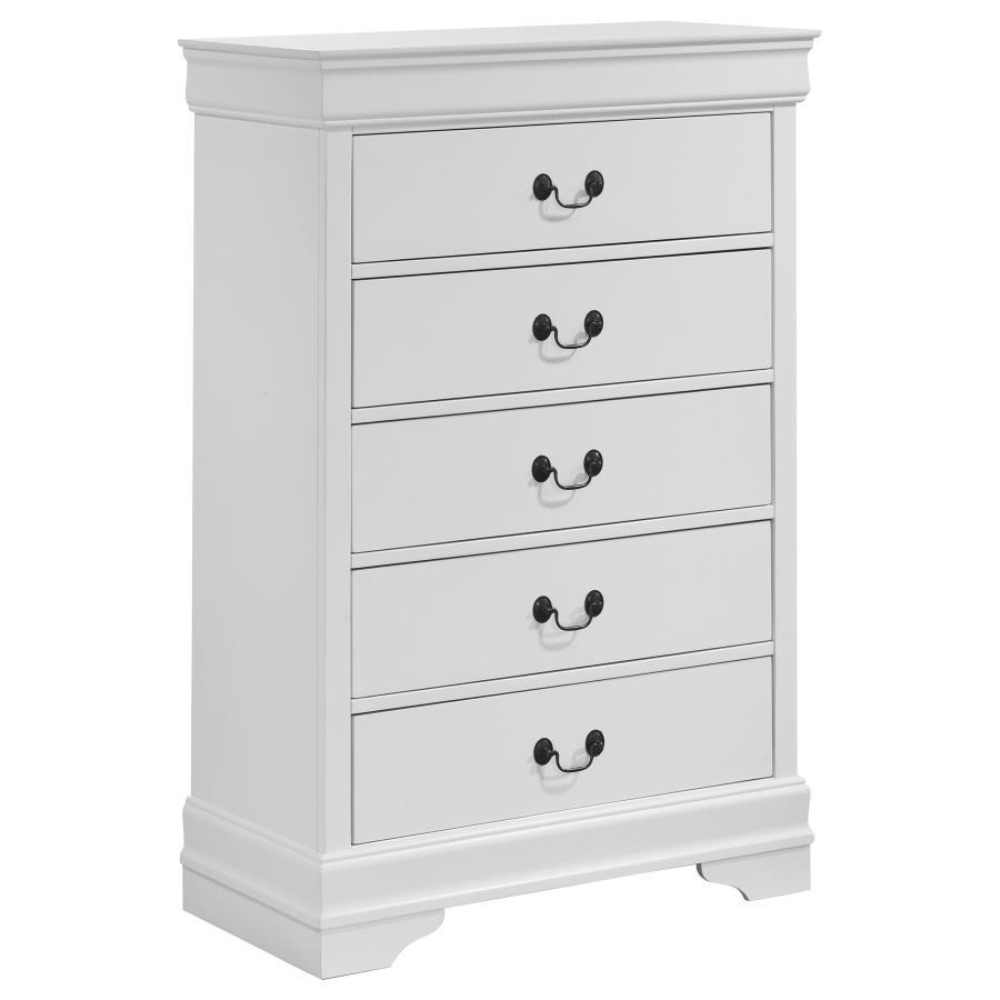 Complete your stylish bedroom with the ample storage provided by this transitional five-drawer chest. It-'s cool white finish blends in a variety of bedroom spaces, creating a fresh, approachable look. Each drawer features a hanging pull in a dark finish,