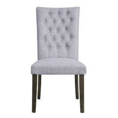 Armless Parson Chair (High Backrest) Stationary Seat: Standard Dining Height Padded SEAT & BACK: Gray Fabric Cushion (Gray Multi-Tone Shades) Square Backrest: Button Tufted (Inside) Wood Tapered Leg: Gray Oak Finish<br/><br/><b>Product Features</b><ul><li