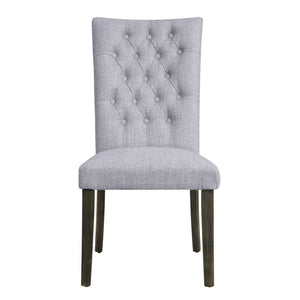 Armless Parson Chair (High Backrest) Stationary Seat: Standard Dining Height Padded SEAT & BACK: Gray Fabric Cushion (Gray Multi-Tone Shades) Square Backrest: Button Tufted (Inside) Wood Tapered Leg: Gray Oak Finish<br/><br/><b>Product Features</b><ul><li