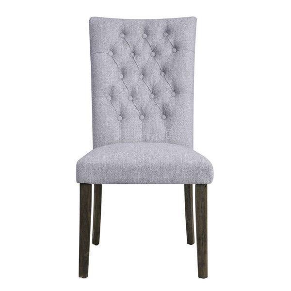 Armless Parson Chair (High Backrest) Stationary Seat: Standard Dining Height Padded SEAT & BACK: Gray Fabric Cushion (Gray Multi-Tone Shades) Square Backrest: Button Tufted (Inside) Wood Tapered Leg: Gray Oak Finish<br/><br/><b>Product Features</b><ul><li