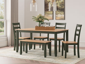  chairs and bench. A charming green hue offers a chic contrast to the natural wood tone