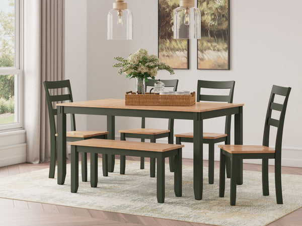  chairs and bench. A charming green hue offers a chic contrast to the natural wood tone