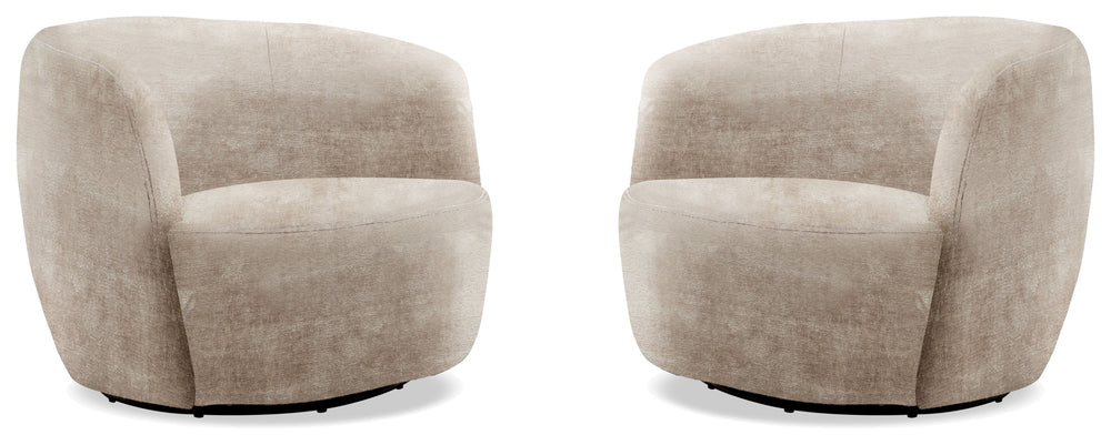 This swiveling accent chair updates your living room with a playful, modern look. It-'s made with a kiln-dried solid pine wood frame with a streamlined barrel silhouette. The design features a curved back with foam padding and a seat bolstered with sinuou