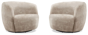 This swiveling accent chair updates your living room with a playful, modern look. It-'s made with a kiln-dried solid pine wood frame with a streamlined barrel silhouette. The design features a curved back with foam padding and a seat bolstered with sinuou