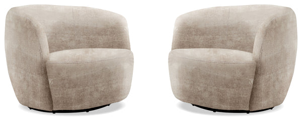 This swiveling accent chair updates your living room with a playful, modern look. It-'s made with a kiln-dried solid pine wood frame with a streamlined barrel silhouette. The design features a curved back with foam padding and a seat bolstered with sinuou