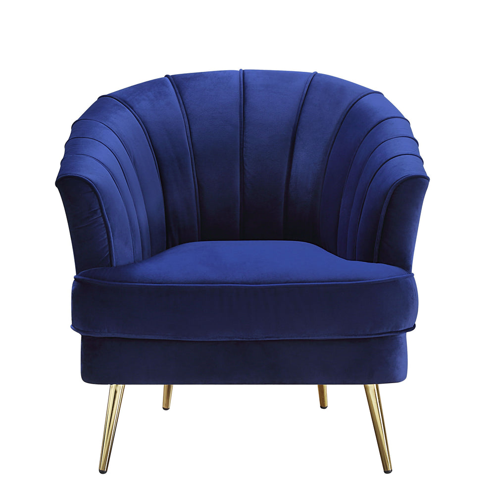 This Eivor trendsetting collection will add style and color to any room. The collection features soft feminine curves and channel tufting to create a modern home. Upholstered in a sumptuous blue velvet that is classy and bold. The metal legs and wooden in
