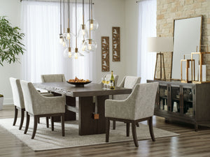 Dressed to thrill, this simply stunning dining room group offers a high-design look at a down-to-earth price. Ultra sleek lines are accentuated with a dark waxy brown oak-tone finish thatâ€™s so easy on the eyes. Clean-lined and modern, the double pedesta