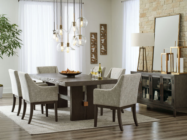 Dressed to thrill, this simply stunning dining room group offers a high-design look at a down-to-earth price. Ultra sleek lines are accentuated with a dark waxy brown oak-tone finish thatâ€™s so easy on the eyes. Clean-lined and modern, the double pedesta