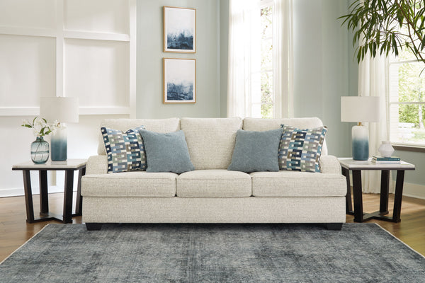  its crosshatched chenille upholstery is a forward-thinking take on fashionable neutrals. The sleek frame gets a soft