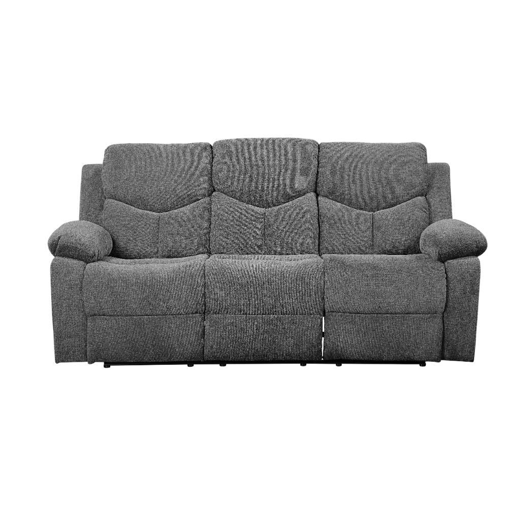 Upholstered in velvety gray chenille, the Kalen motion sofa set is not only supremely comfortable, but also durable. This is great news because once you sink into one of these pillowy seats, you wonâ€™t want to get up! The tight back and seat cushions and