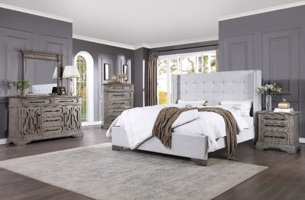 Artesia - Eastern King Bed - Tan Fabric & Salvaged Natural Finish
