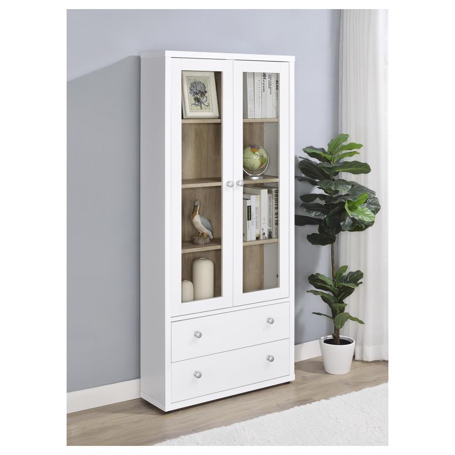 Glass doors are a key feature on a modern accent cabinet that blends into a variety of decors and living spaces. Providing four shelves for showing off everything from glassware to travel souvenirs, the cabinet features wood framed glass doors. They open 