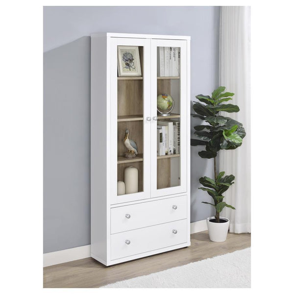  the cabinet features wood framed glass doors. They open 