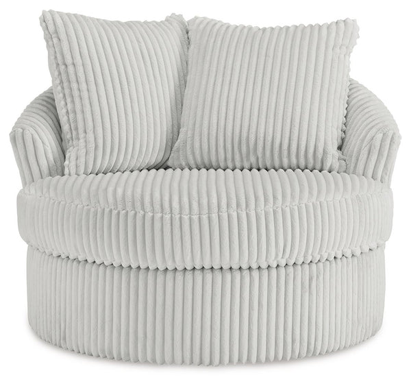  while throw pillows elevate the cozy factor. A smooth-gliding 360-degree swivel lets you go with the flow. Come on