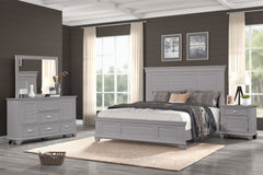 The Jamestown 4-Piece Wood Bedroom Set in Gray offers a perfect blend of durability, style, and functionality, designed to elevate your bedroom with modern elegance. This set includes a Panel Bed, Dresser, Mirror, and Nightstand, all meticulously crafted 