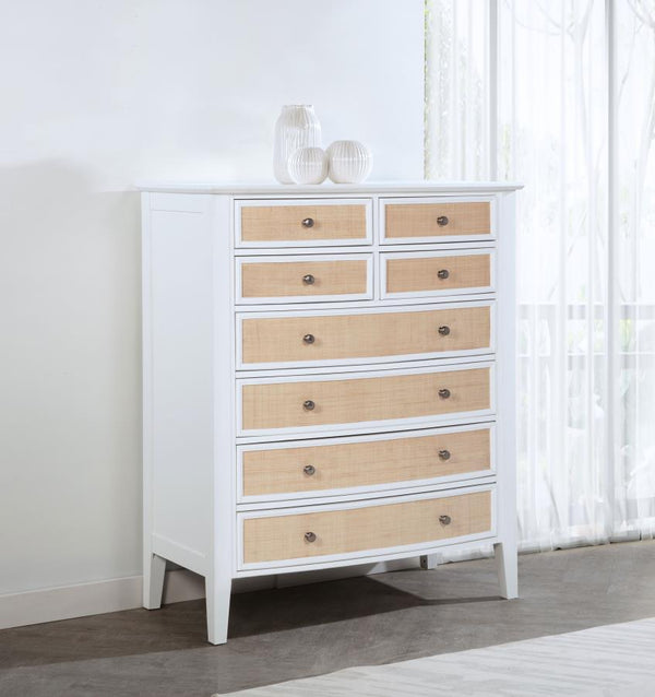 offering compelling contrast and texture. Eight drawer