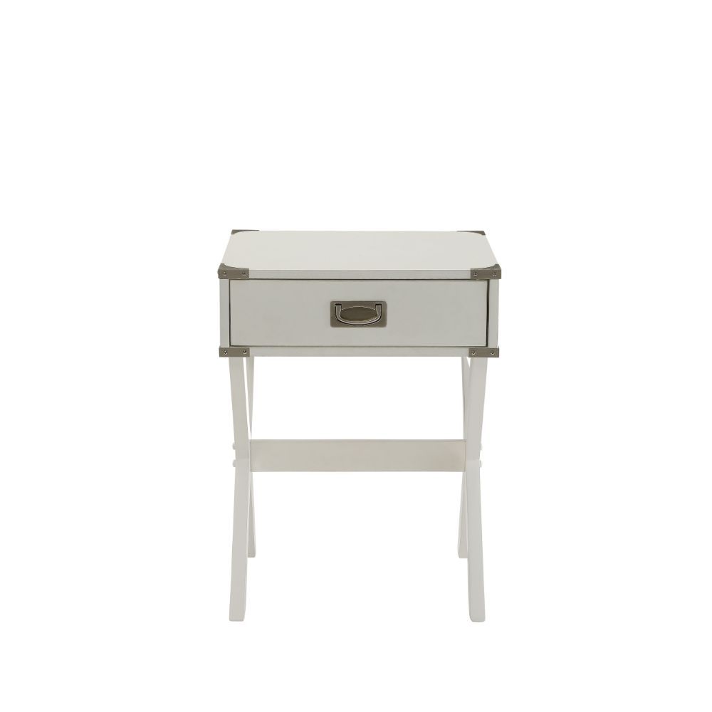 Bring the trending campaign style into your home with this updated Babs end table. With featuring of metal corner strapping and flush mount drawer pull which is true to the style. It is also offered in three colors to expand the options of this timeless d