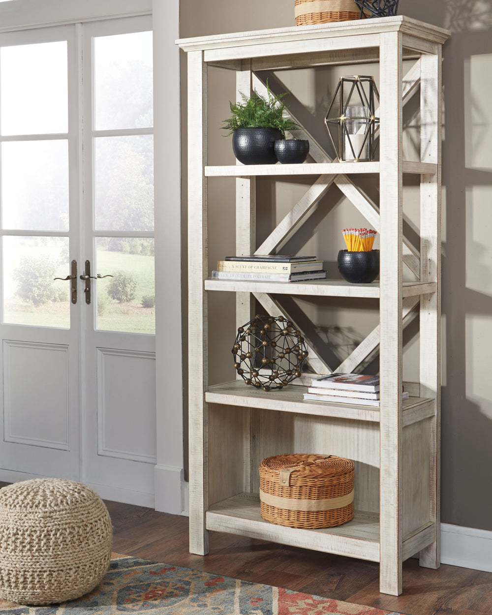 Looking for a fresh approach to modern farmhouse living? This brilliant bookcase works on so many levels. Clean-lined profile with crossbuck back never goes out of fashion. Whitewash finish is a mastery in subtle sophistication.<br><br><b>Additional Dimen