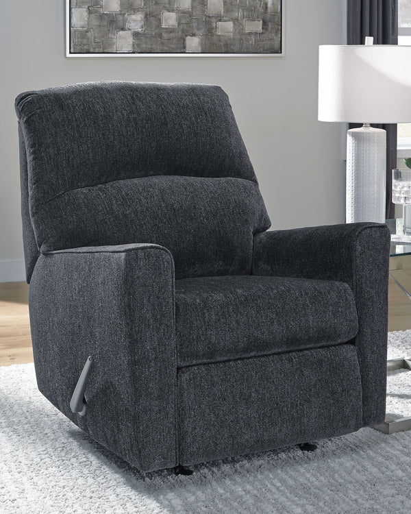  then this rocker recliner is the answer. Its clean-lined profile is beautifully contemporary. Plush chenille fabric and plump cushioning make it so easy to comfortably kick up your heels. And the recliner-'s richly neutral hue co