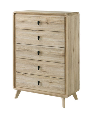 Create a serene and modern retreat with this thoughtfully designed bedroom collection, blending natural textures with contemporary charm. The centerpiece features a slatted headboard and footboard, highlighting a warm, wood-inspired finish that adds a sen