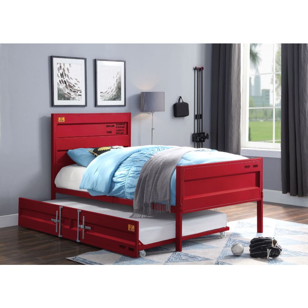 The Cargo youth bed is the perfect addition to any childâ€™s room. This contemporary container themed metal bed features a panel headboard with low profile footboard, crafted with an industrial look that is an perfect match for your bedroom. The bed is ac