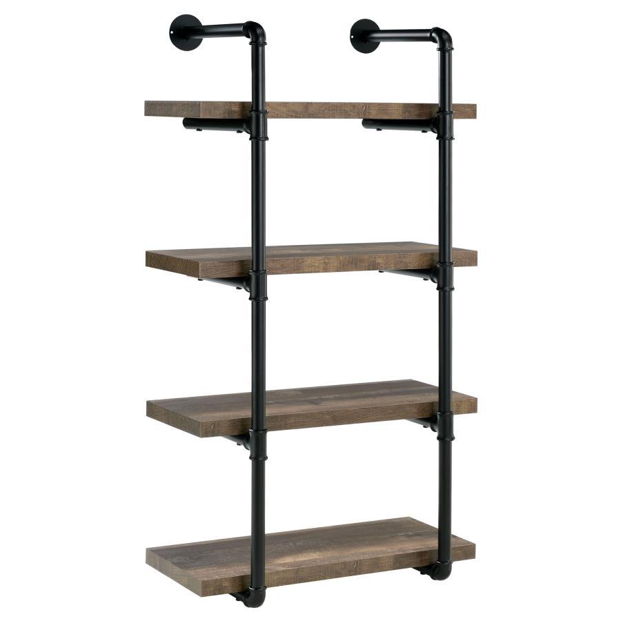 Industrial design can be elegant, as shown by this wall shelf. Plumbing pipe frame highlights the rugged utility that-'s the hallmark of the style. Wall hanging adds a unique element to the piece. Incorporates four (4) open shelves for ease of storage or 