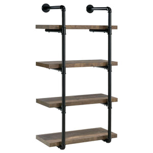 Industrial design can be elegant, as shown by this wall shelf. Plumbing pipe frame highlights the rugged utility that-'s the hallmark of the style. Wall hanging adds a unique element to the piece. Incorporates four (4) open shelves for ease of storage or 