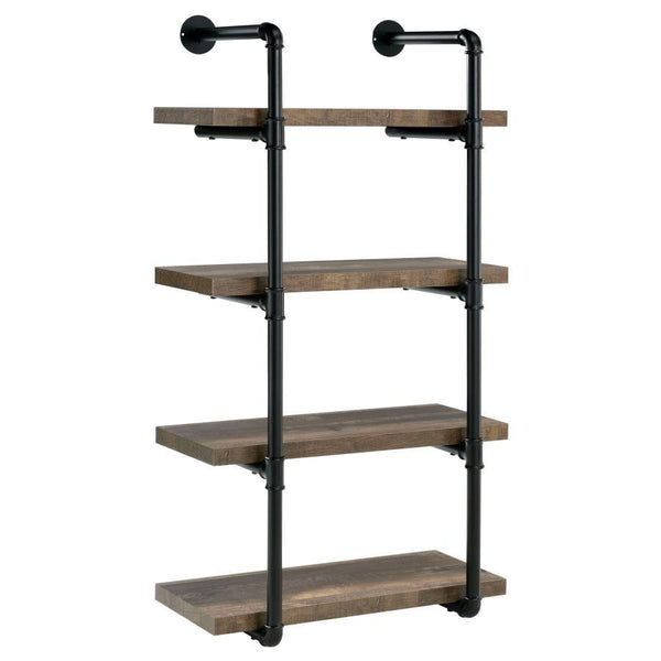 Industrial design can be elegant, as shown by this wall shelf. Plumbing pipe frame highlights the rugged utility that-'s the hallmark of the style. Wall hanging adds a unique element to the piece. Incorporates four (4) open shelves for ease of storage or 