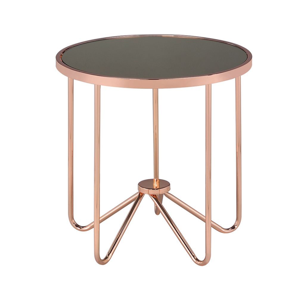 This Alivia modern occasional table brings a unique yet classy look to your living room. With effortless infusion of smoky glass and unique retro inspired rose gold metal base, this piece will naturally blend in your living room, making it a statement of 