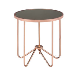 This Alivia modern occasional table brings a unique yet classy look to your living room. With effortless infusion of smoky glass and unique retro inspired rose gold metal base, this piece will naturally blend in your living room, making it a statement of 