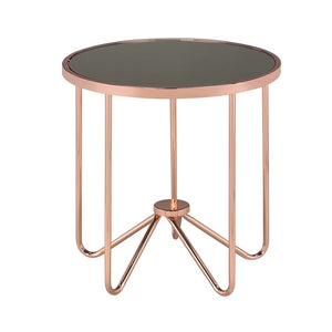 This Alivia modern occasional table brings a unique yet classy look to your living room. With effortless infusion of smoky glass and unique retro inspired rose gold metal base, this piece will naturally blend in your living room, making it a statement of 