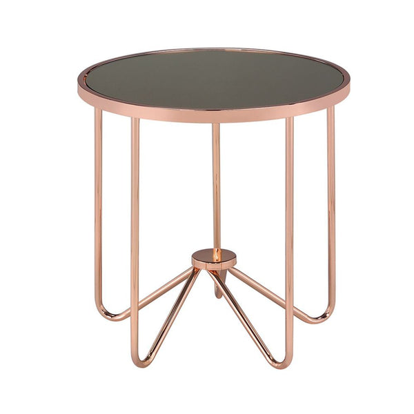 This Alivia modern occasional table brings a unique yet classy look to your living room. With effortless infusion of smoky glass and unique retro inspired rose gold metal base, this piece will naturally blend in your living room, making it a statement of 