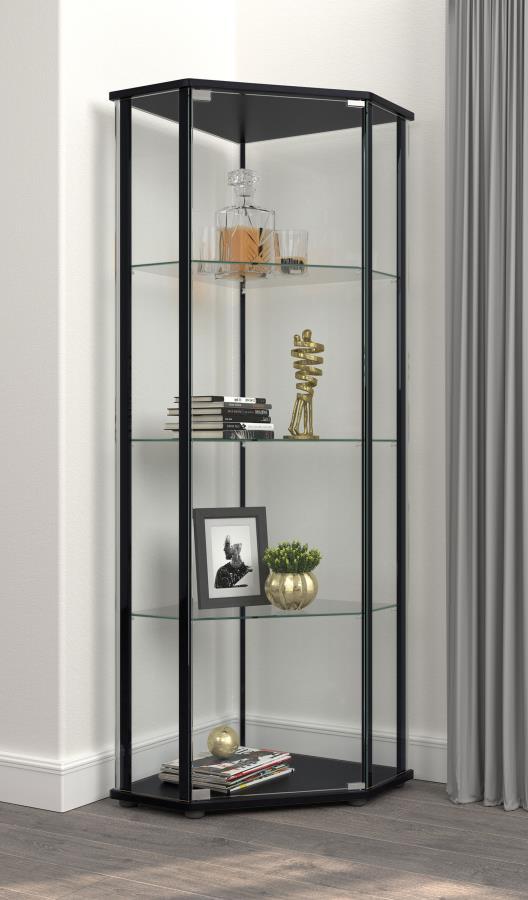 Bring your decor to elegant life with this stunning, modern curio cabinet. A triangular silhouette with cool, clipped corners adds artistic appeal to this glamorous piece. The sleek, metal supports flaunt a gleaming chrome finish. Three tiers of shelving 