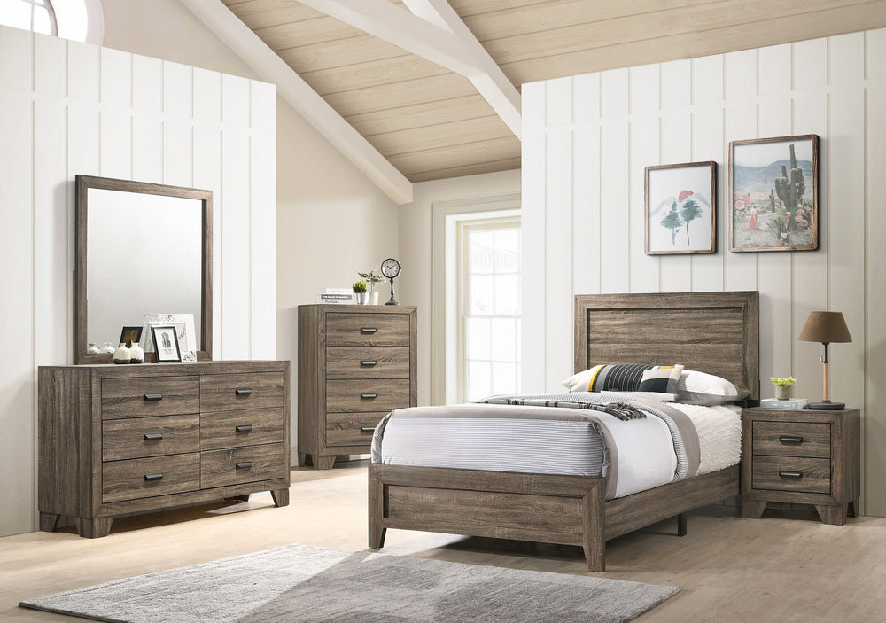 This bedroom set offers a minimalist design with a nod to rustic aesthetics, perfect for creating a serene and uncluttered space. The straightforward lines of the bed frame, combined with the natural wood finish, exude a sense of calm and earthiness. The 