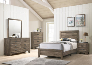 This bedroom set offers a minimalist design with a nod to rustic aesthetics, perfect for creating a serene and uncluttered space. The straightforward lines of the bed frame, combined with the natural wood finish, exude a sense of calm and earthiness. The 