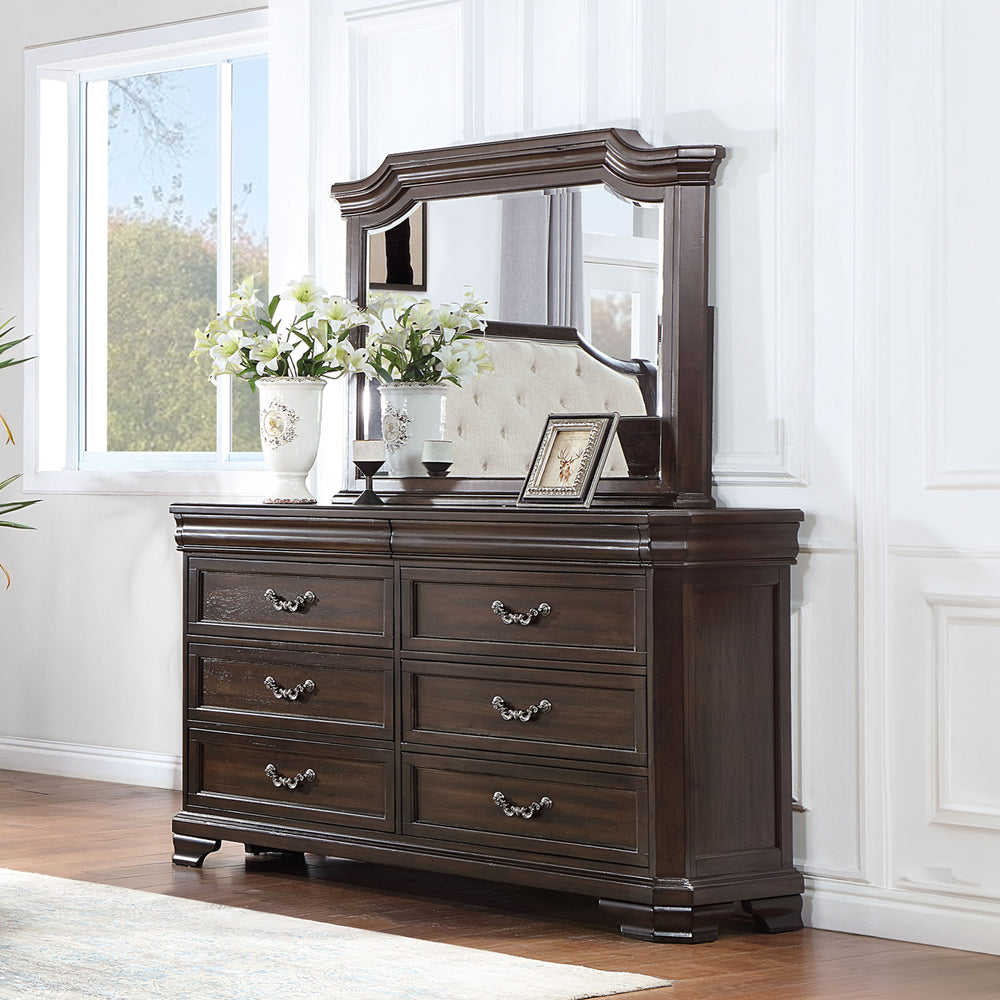 The Lyndhurst 2 Piece Dresser and Mirror Set in Walnut combines timeless elegance with practical functionality. This set includes one dresser and one mirror, both crafted from solid Acacia, Acacia veneers, and manufactured wood to ensure strength and dura