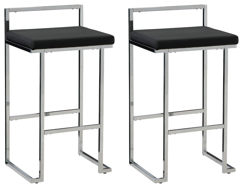 Wowing with a slim but sturdy profile and sculptural design, this bar stool is sure to whet your appetite for ultra-contemporary style. Its comfortably cushioned seat is covered in a fabulous black faux leather, while the metal frameâ€™s chrome-tone finis