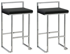 Wowing with a slim but sturdy profile and sculptural design, this bar stool is sure to whet your appetite for ultra-contemporary style. Its comfortably cushioned seat is covered in a fabulous black faux leather, while the metal frameâ€™s chrome-tone finis