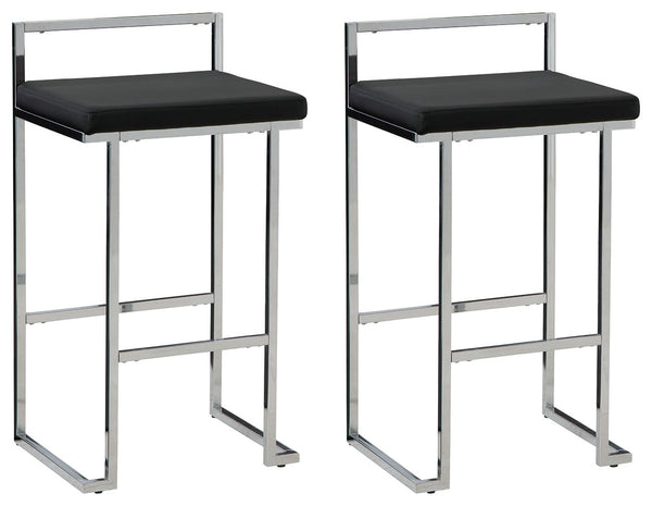 Wowing with a slim but sturdy profile and sculptural design, this bar stool is sure to whet your appetite for ultra-contemporary style. Its comfortably cushioned seat is covered in a fabulous black faux leather, while the metal frameâ€™s chrome-tone finis